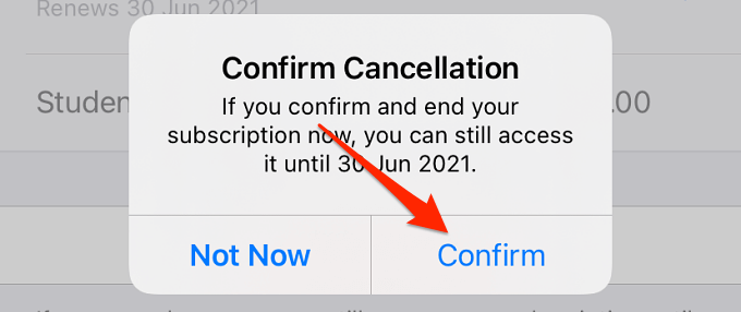 Confirm Cancellation button 