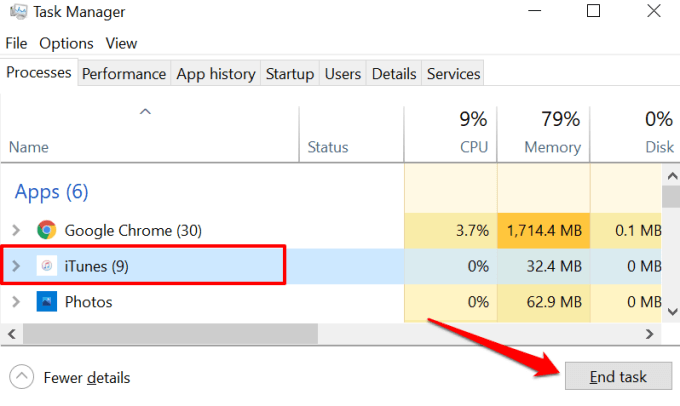 End Task button in Task Manager