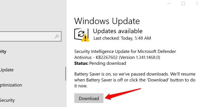 Download button in Windows Update