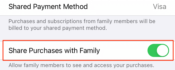 Share Purchases with Family toggled on