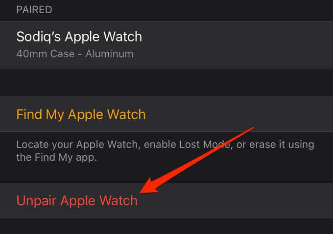 Unpair Apple Watch menu
