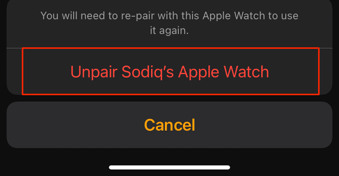 Unpair Apple Watch confirmation 