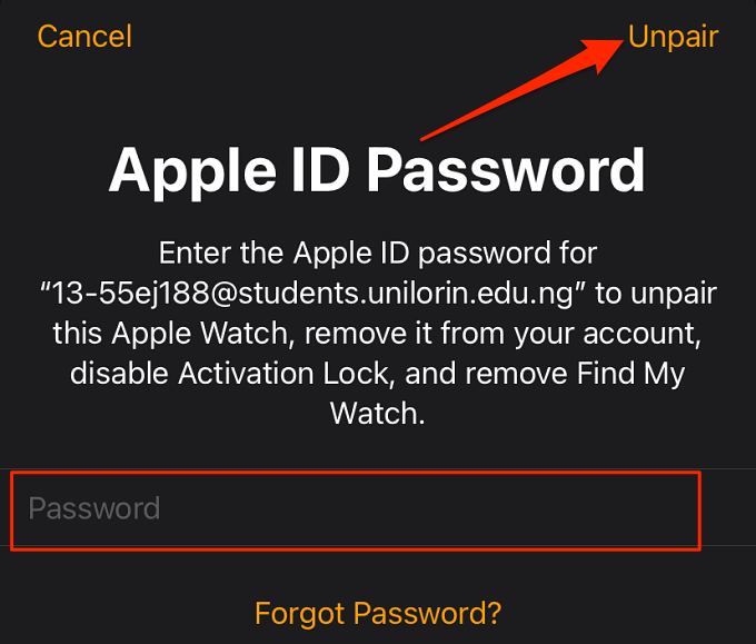 Password field and Unpair icon 