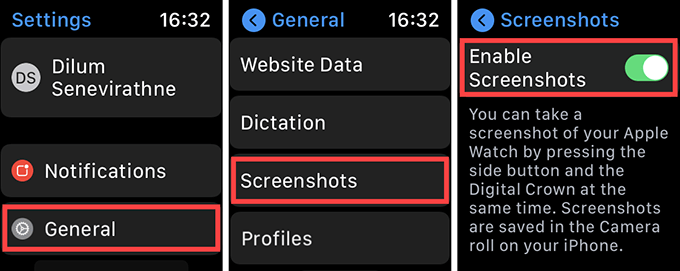 General > Screenshots > Enable Screenshots on Watch 