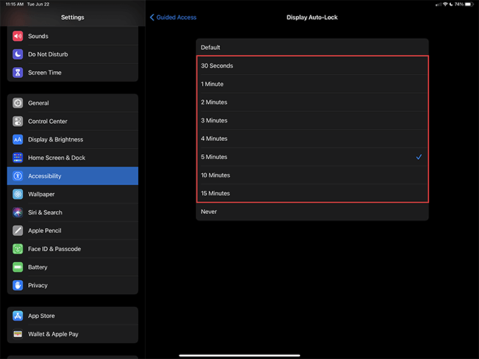 Settings > Accessibility > Guided Access window