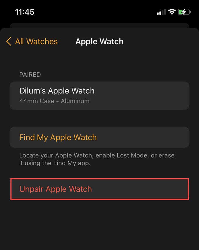 All Watches > Info icon > Unpair Apple Watch