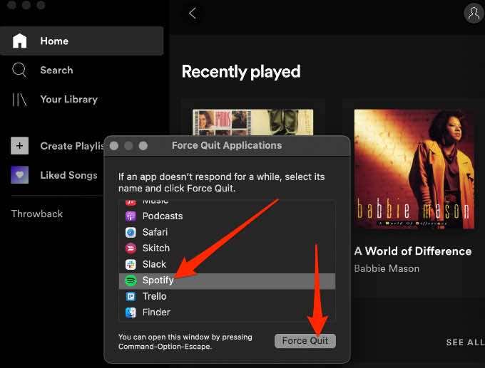 Spotify selected in Force Quit window
