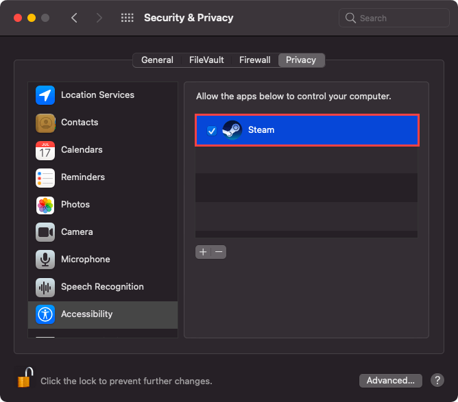 System Preferences > Security & Privacy > Privacy > Accessibility > Steam checkbox