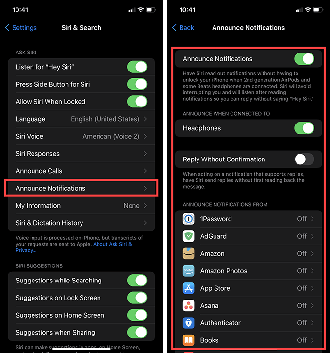 Settings > Siri & Search > Announce Notifications options