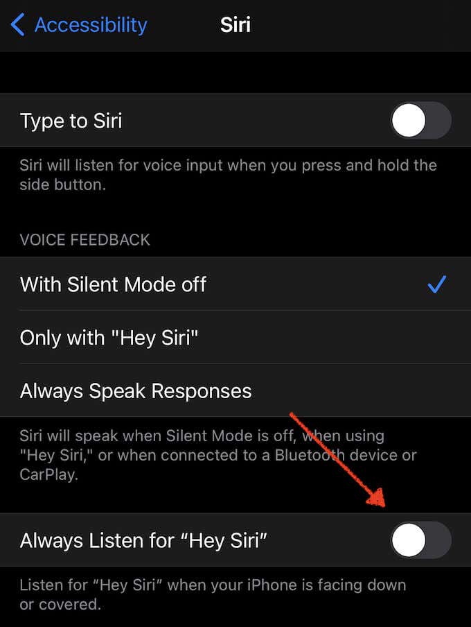 Always Listen for "Hey Siri" toggle 