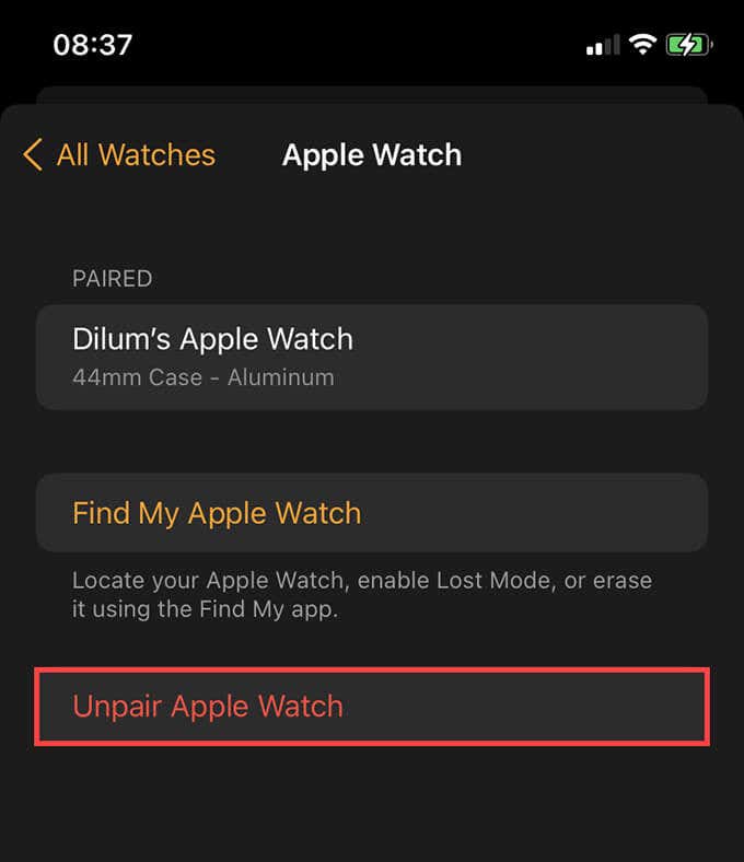 Unpair Apple Watch button