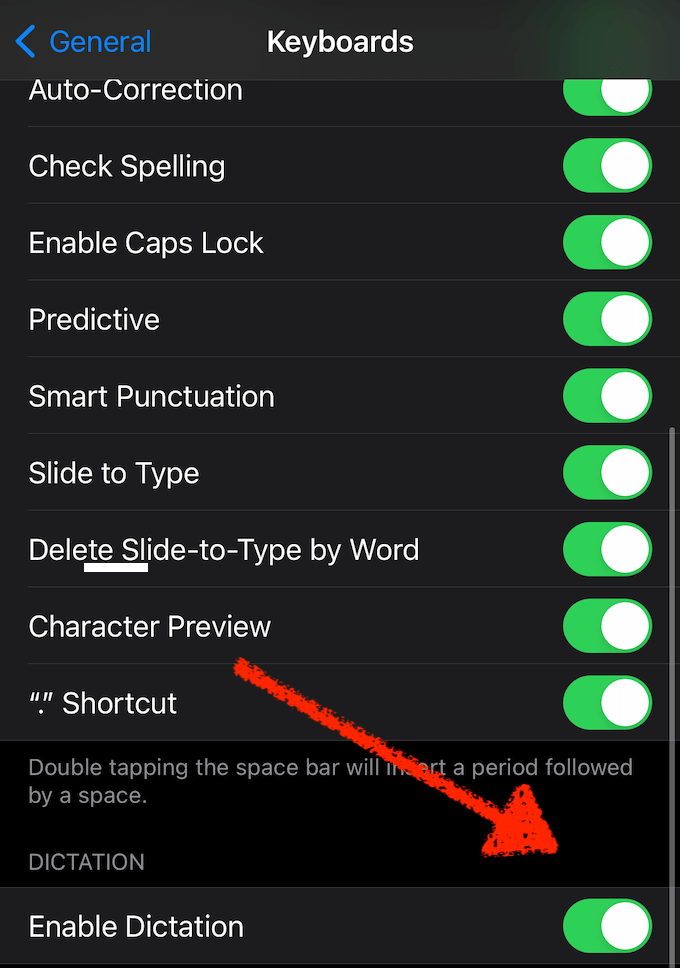 Enable Dictation toggle 
