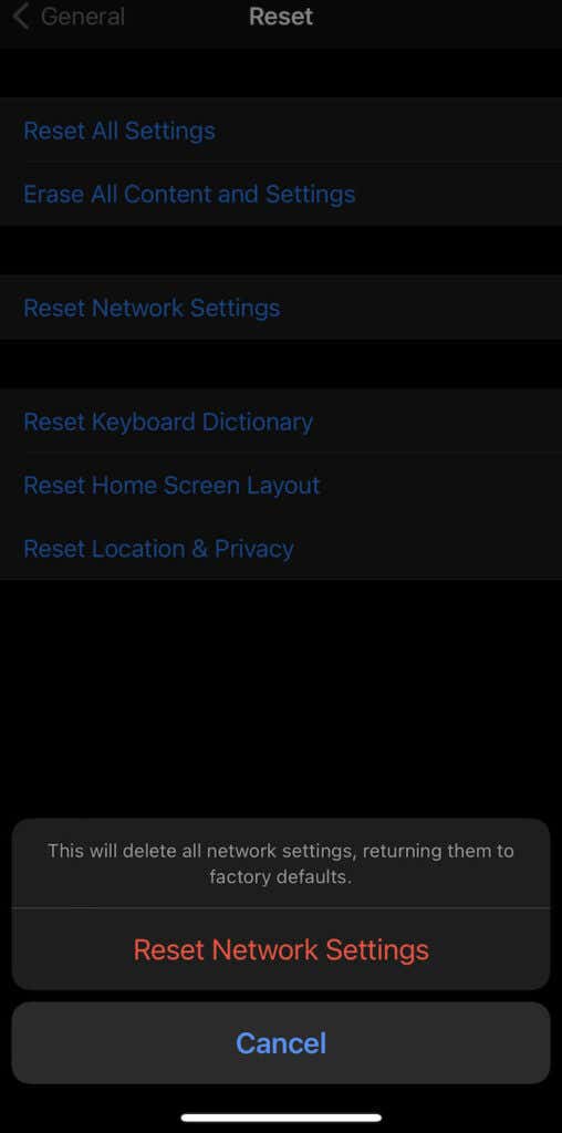 Reset Network Settings window