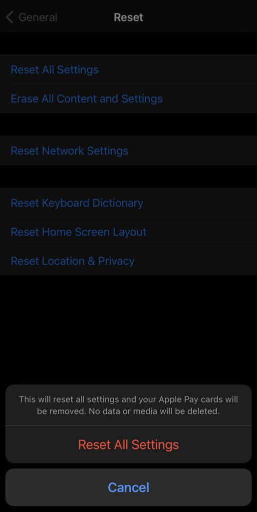 Reset All Settings confirmation screen 