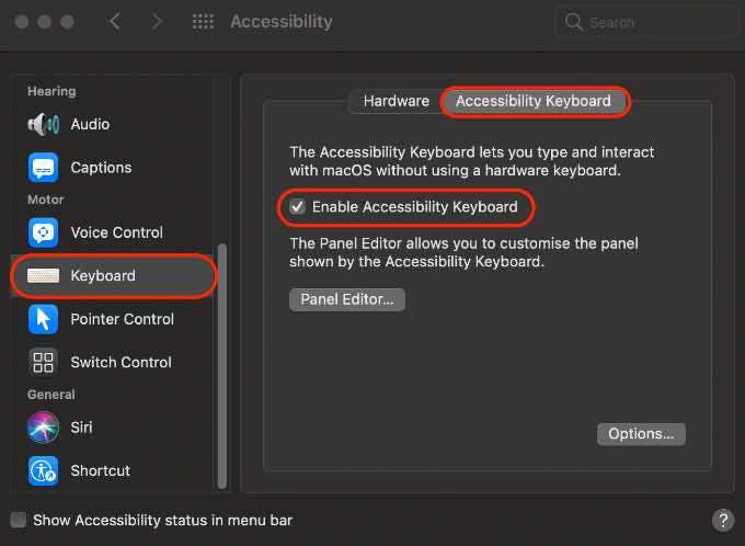 Keyboard > Accessibility Keyboard > Enable Accessibility Keyboard 
