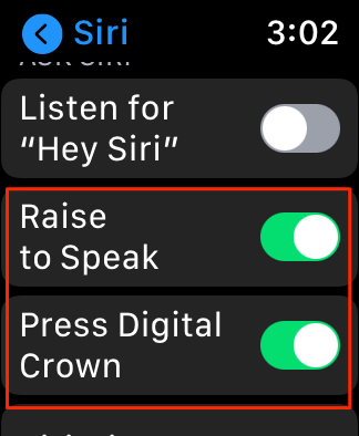Raise to Speak and Press Digital Crown toggles