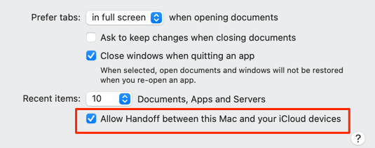 “Allow Handoff between this Mac and your iCloud devices" checkbox 