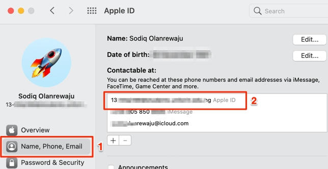 Name, Phone, Email tab in Apple ID