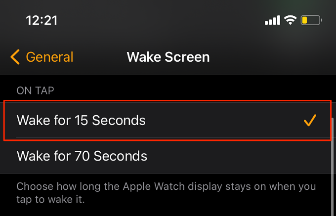 Wake for 15 seconds option on iPhone