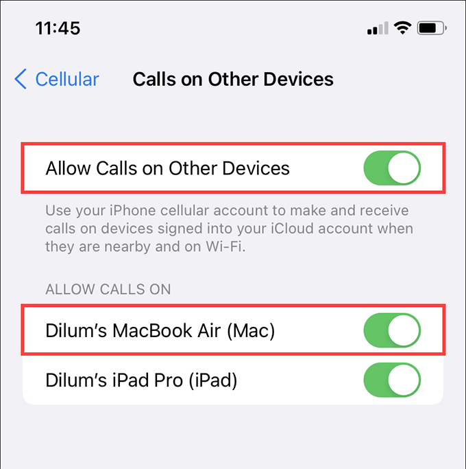 Allow Calls on Other Devices and Allow Calls On toggled on 