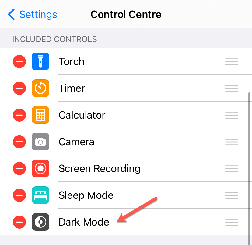 Dark Mode added to Included Controls section 