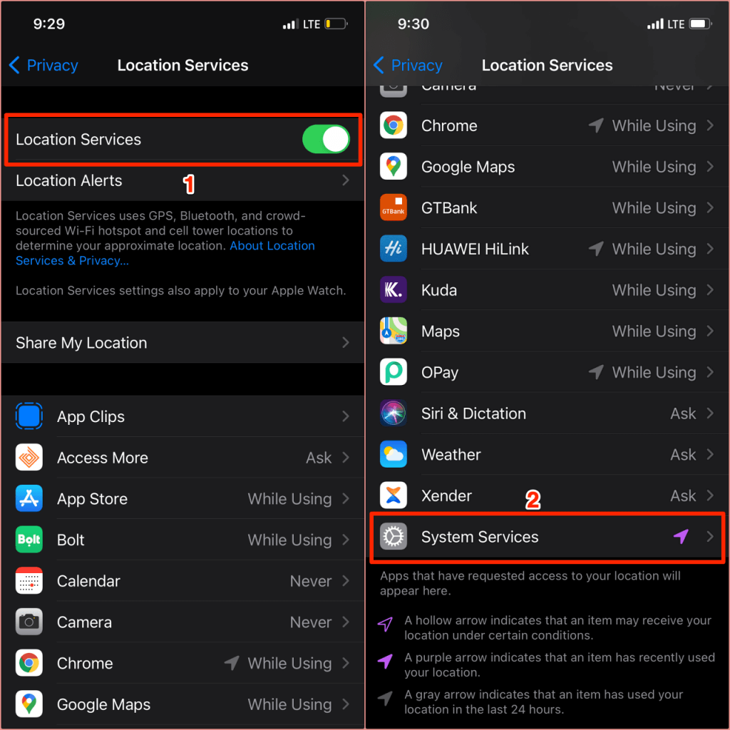 Location Services > System Services 