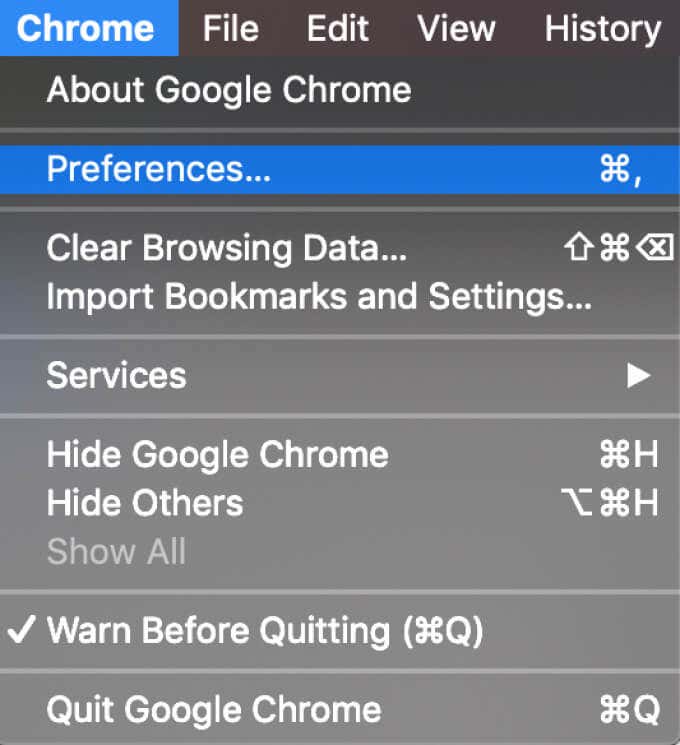 Chrome > Preferences 