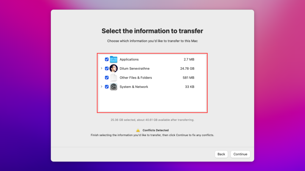 Select the information to transfer window 