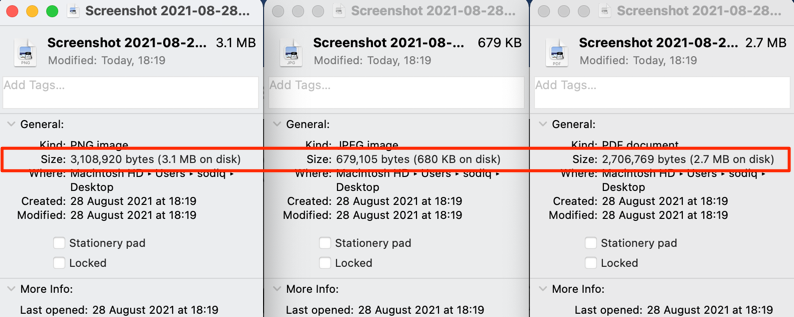File sizes of three screenshots in different formats 