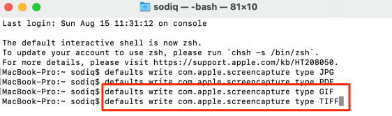 defaults write com.apple.screencapture type TIFF and defaults write com.apple.screencapture type GIF