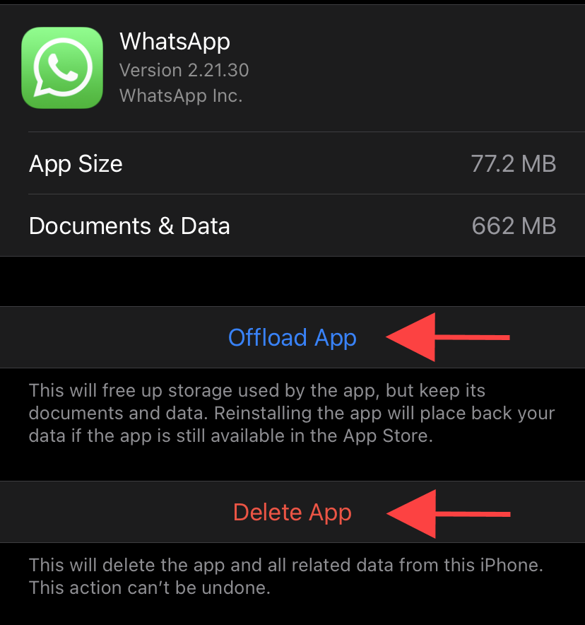 Offload App and Delete App buttons 