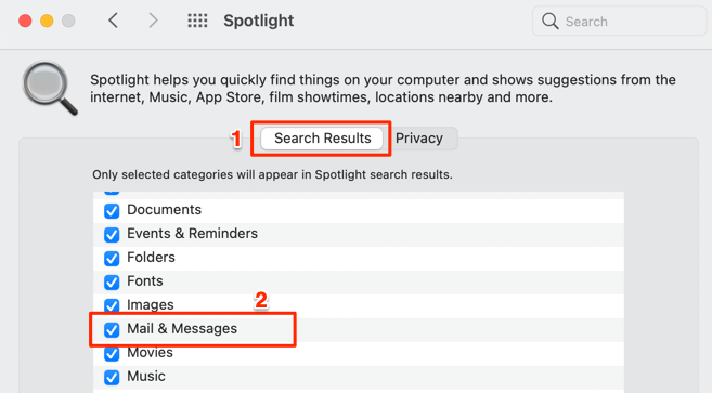 System Preferences > Spotlight > Search Results and ensure the Mail & Messages option is checked.