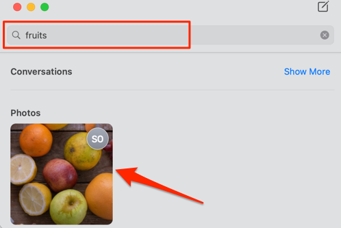 Fruits in search bar and photo shown in macOS Messages app 