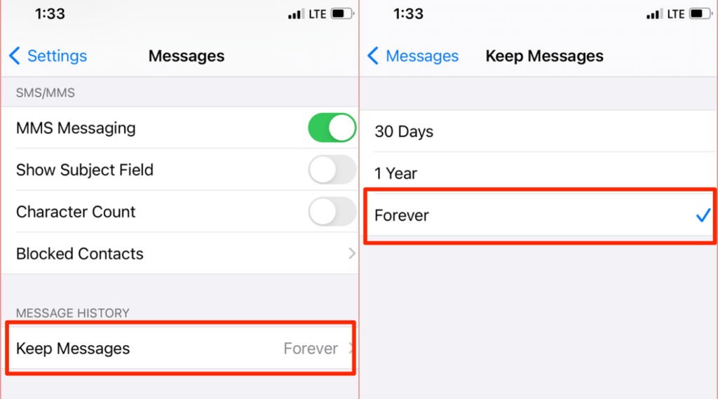 Settings > Messages > Keep Messages set to Forever