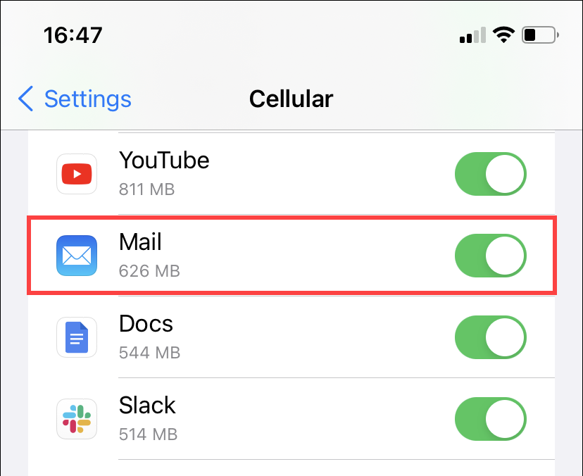 Cellular > Mail toggled on 