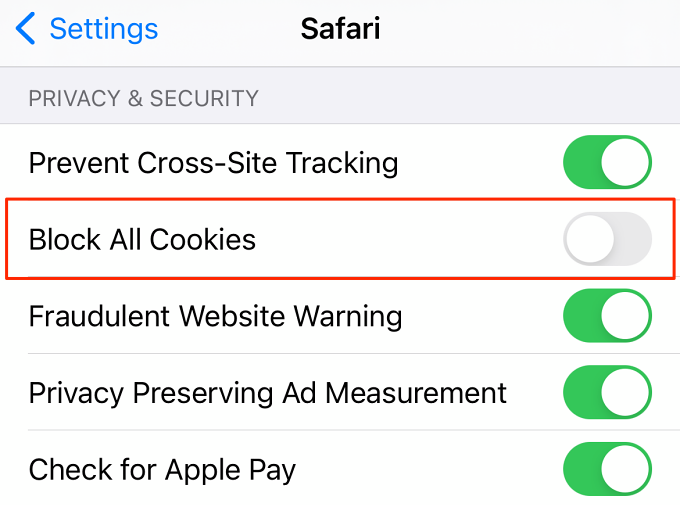 Block All Cookies toggled to off 