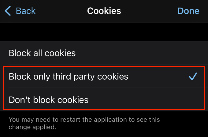 Cookies options 