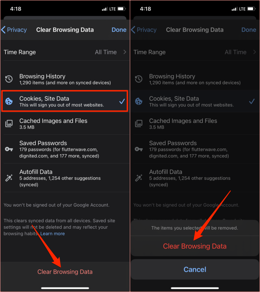 Cookies, Site Data selected and Clear Browsing Data button 