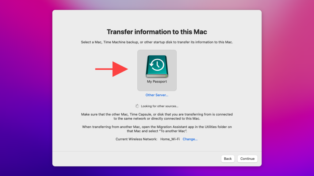 Transfer information to this Mac screen 