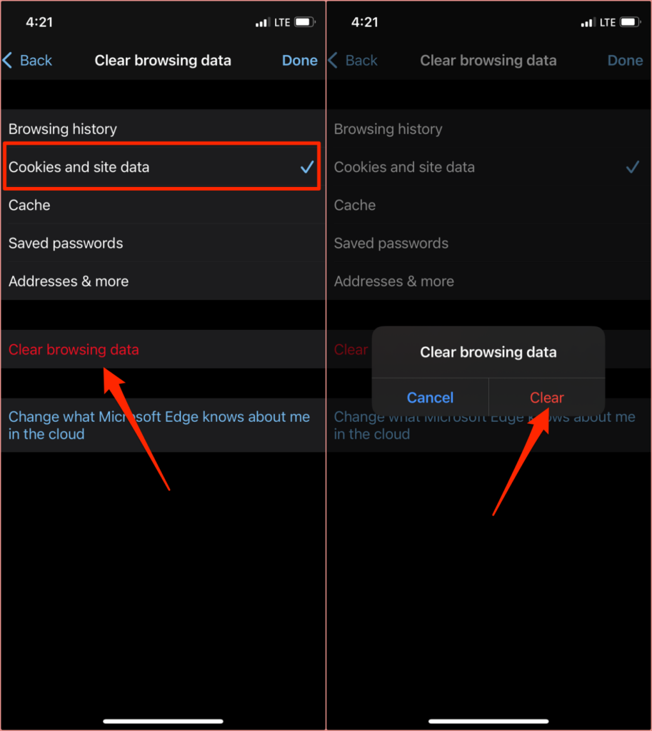 Cookies and site data, Clear browsing data, and Clear button 