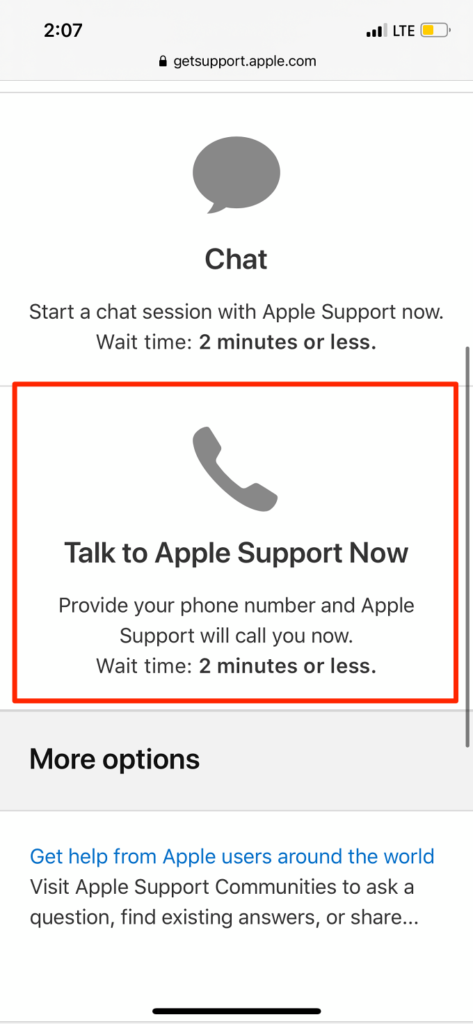 Talk to Apple Support Now option 
