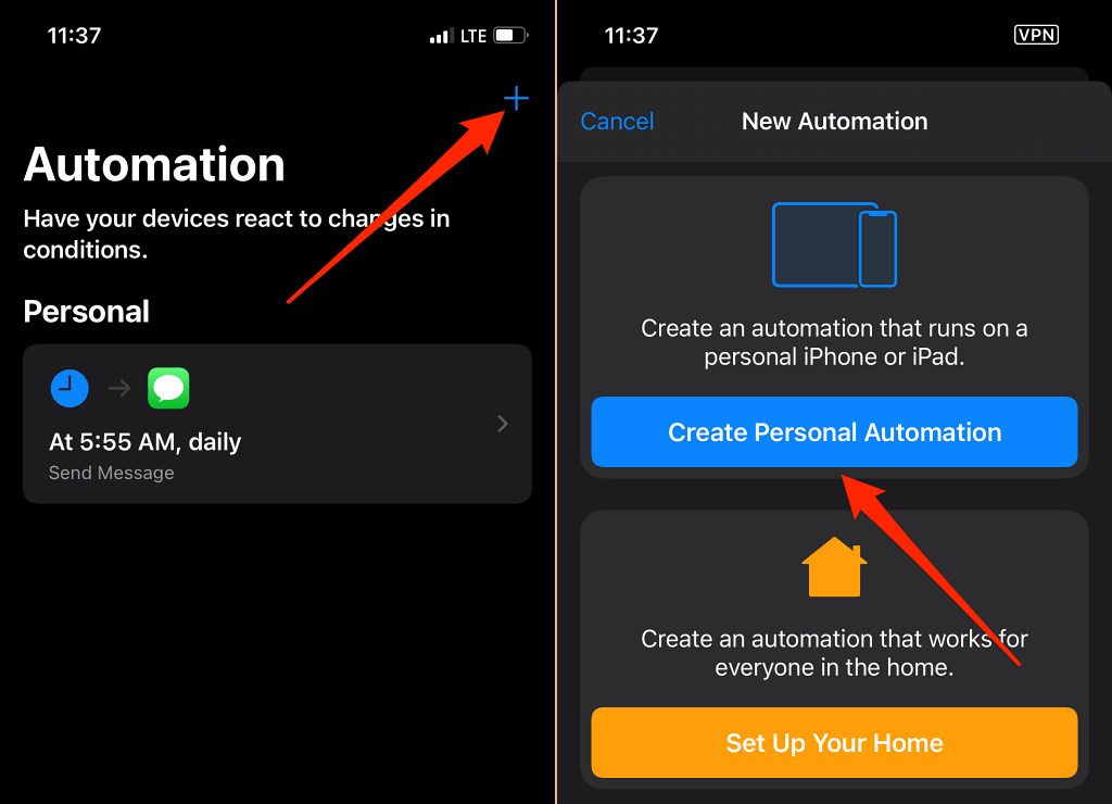 Plus icon and Create Personal Automation button 