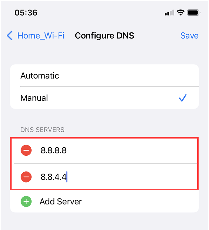 Configure DNS screen 