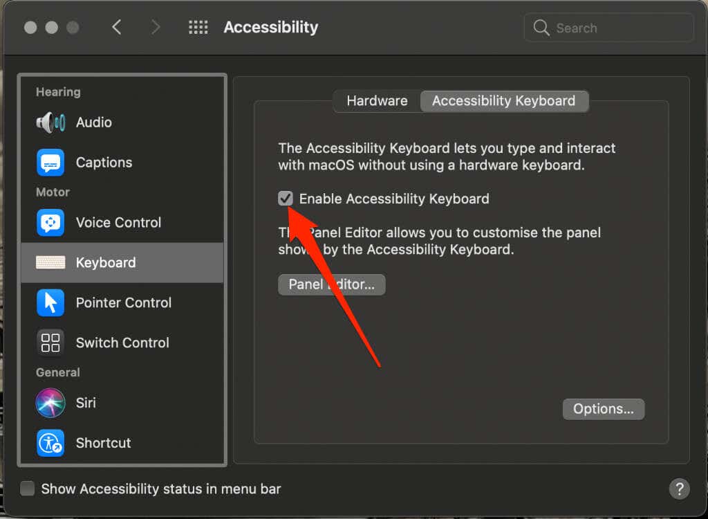 Enable Accessibility Keyboard checked 