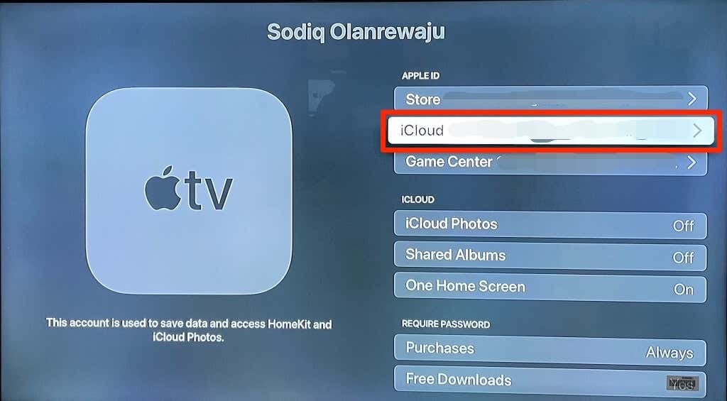 iCloud email address in Apple ID section