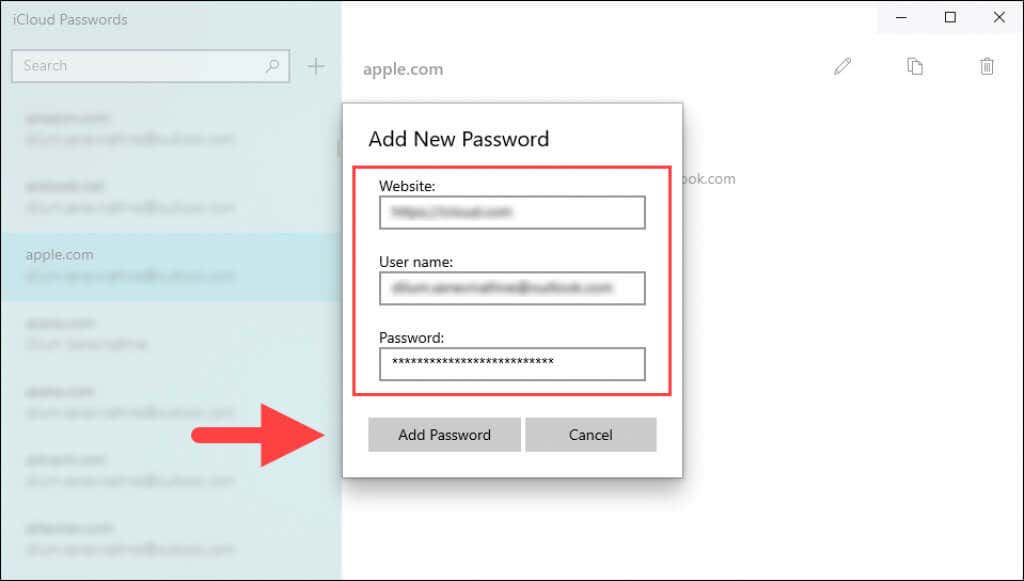 Add New Password window