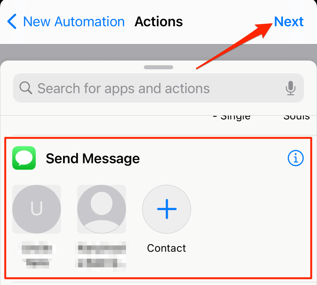 Sent Message section and Next button 