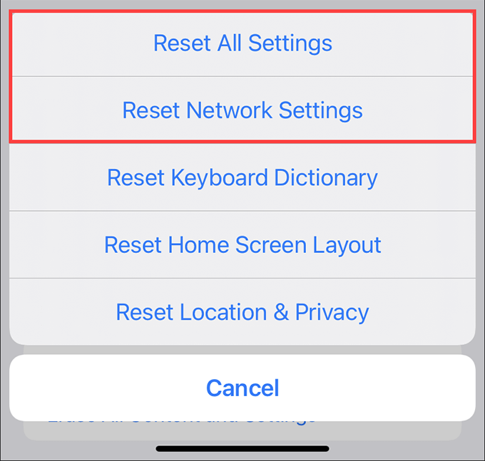 Reset All Settings and Reset Network Settings option