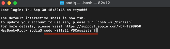 Sudo killall VDCAssistant