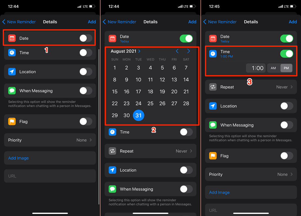 Date and time for reminder set